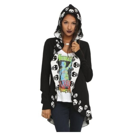 Hot Topic Black & White Skull Goth Punk Ruffle Hooded Cardigan Size Large - Picture 1 of 11